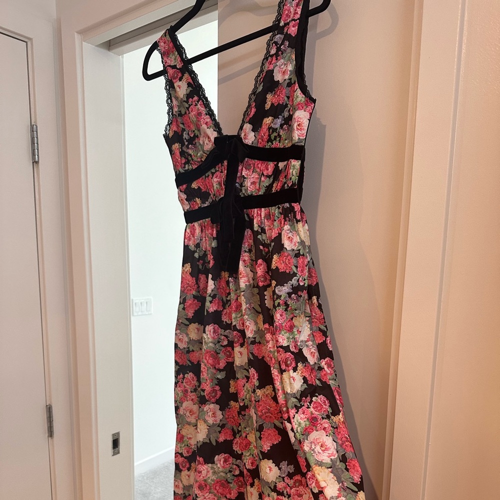 For Love And Lemons Black and Pink Floral Midi Dress